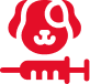 Icon featuring a red dog illustration with a syringe, representing veterinary care.